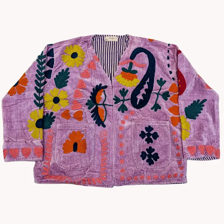 AMOUR Lilac Velvet Suzani Kimono Embroidered Boho Jacket - Precious Sparkle