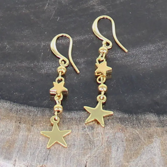 Suzie Blue Double Star Drop Charm Earring Gold - Precious Sparkle