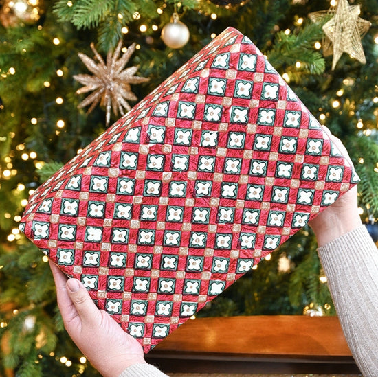 Paper Mirchi Block Printed Wrapping Paper Floral Checks Scarlet - Precious Sparkle