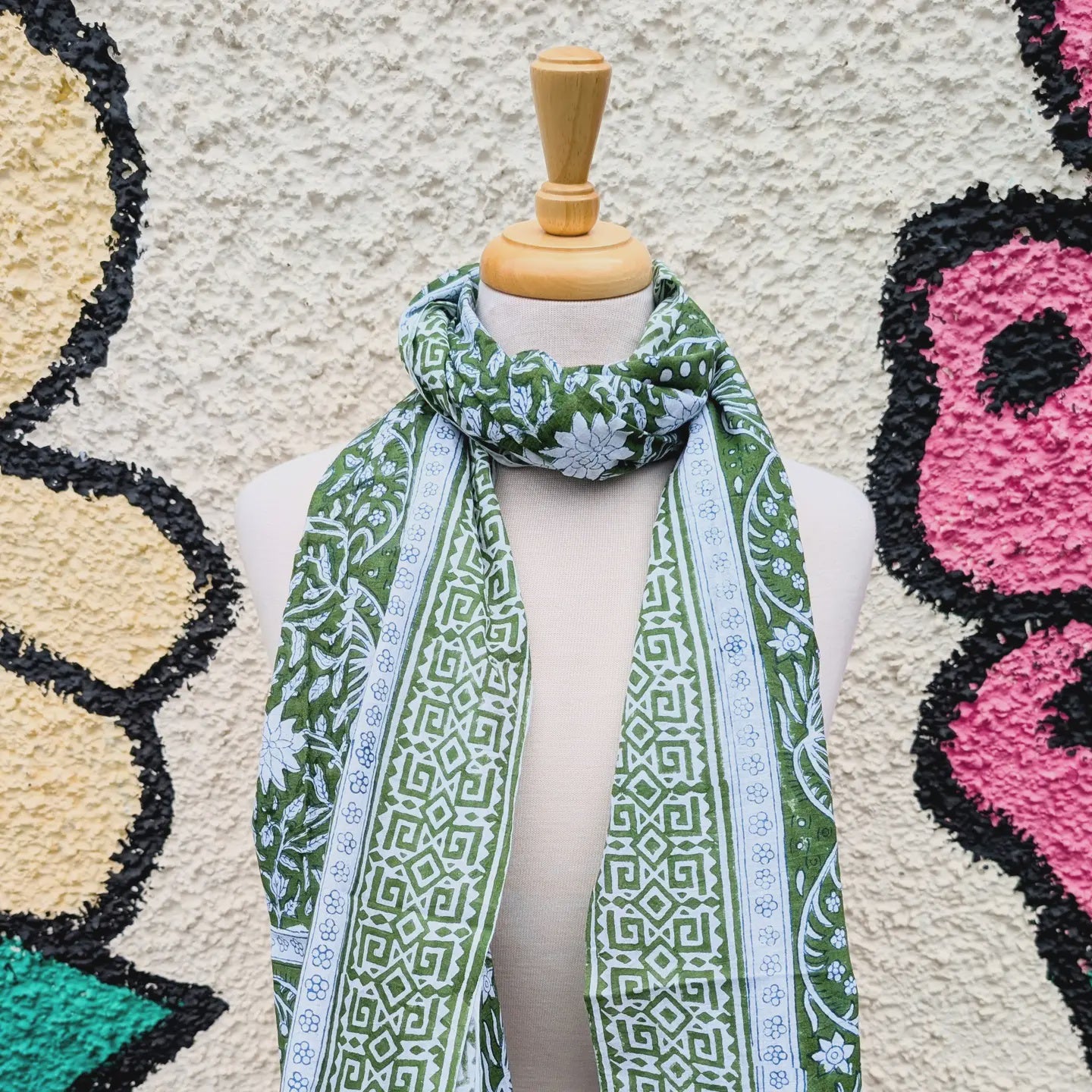 Green & White Floral Block Print Pareo Sarong Scarf - Precious Sparkle