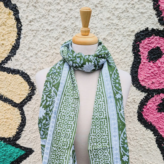 Green & White Floral Block Print Pareo Sarong Scarf - Precious Sparkle