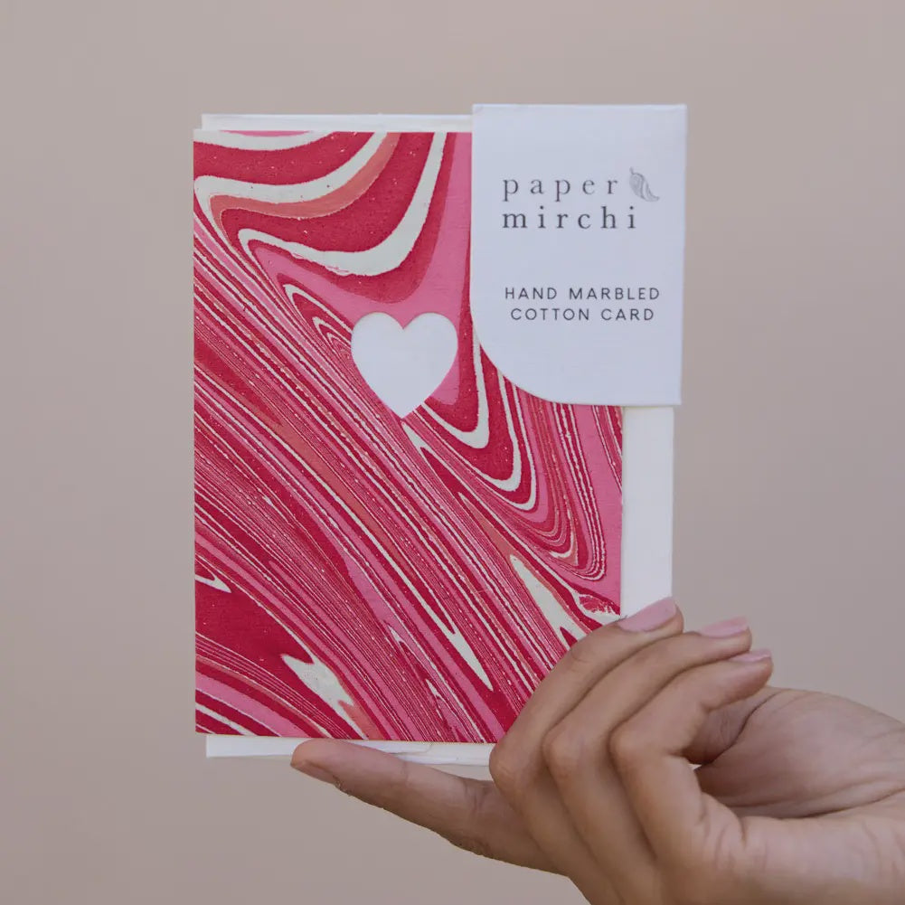 Hand Marbled Greeting Card - Die Cut Heart Pink Marble - Precious Sparkle