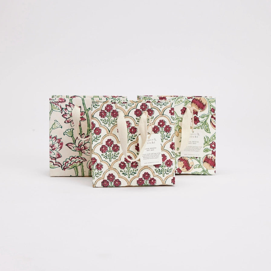 Paper Mirchi Hand Block Printed Small Gift Bag Cherry - Precious Sparkle