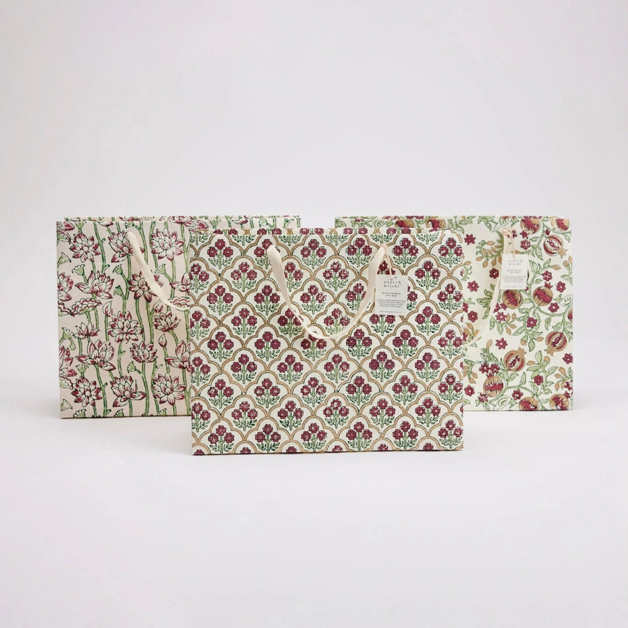 Paper Mirchi Hand Block Printed Large Gift Bag Cherry - Precious Sparkle