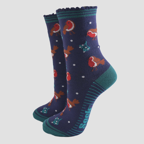 Sock Talk Navy Blue/Green Robin Bamboo Socks - Precious Sparkle