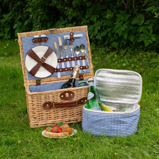 Natural Wicker 2-Person Picnic Basket Blue Gingham Lining - Precious Sparkle