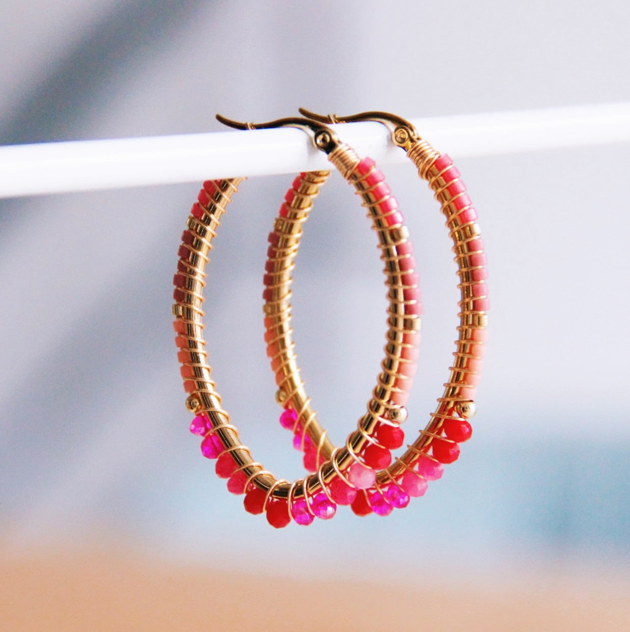 Bazou Bead Oval Hoop Earrings Red/Pink