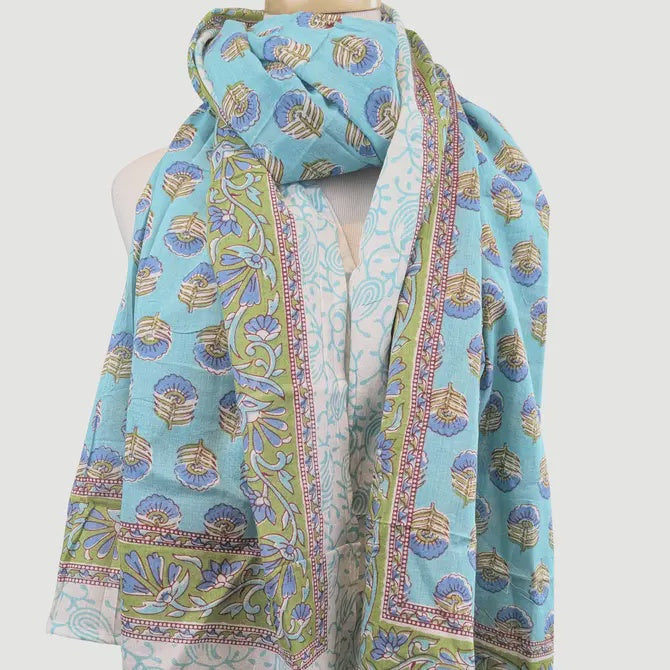 Aqua Blue & Green Floral Block Print Pareo Sarong Scarf