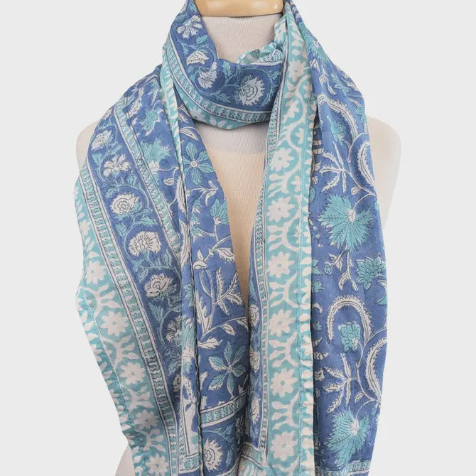 Blue Floral Block Print Pareo Sarong Scarf