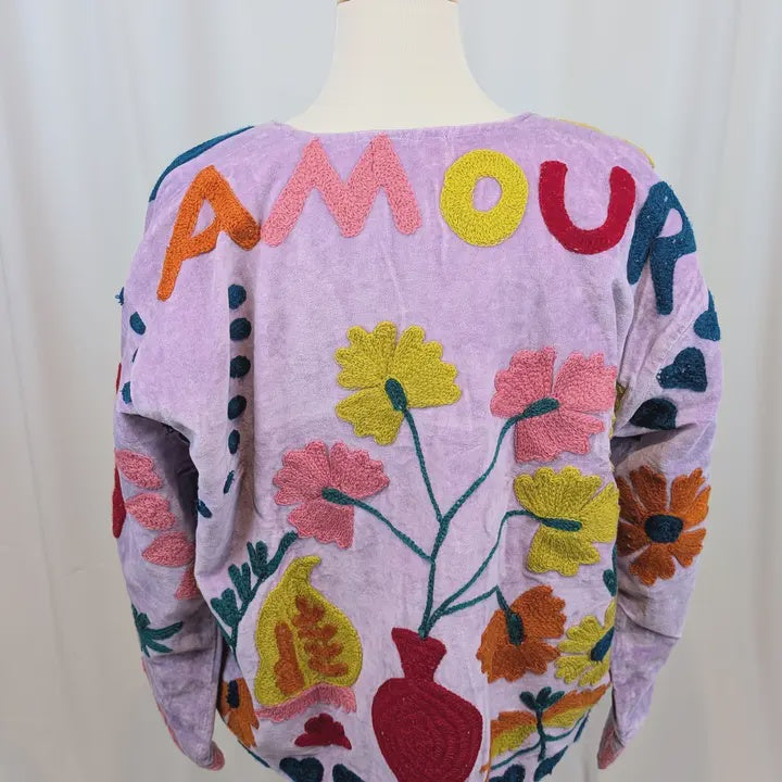 AMOUR Lilac Velvet Suzani Kimono Embroidered Boho Jacket