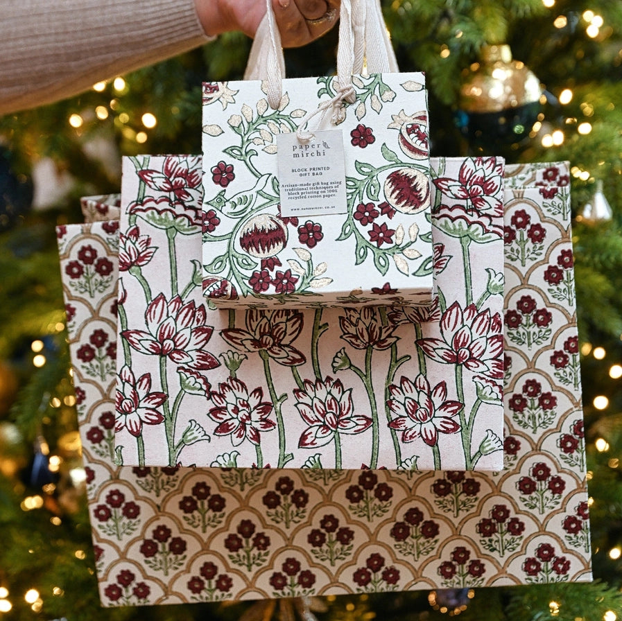 Paper Mirchi Hand Block Printed Large Gift Bag Cherry - Precious Sparkle