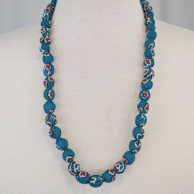Teal Indian Fabric Handmade Beaded Necklace - Precious Sparkle