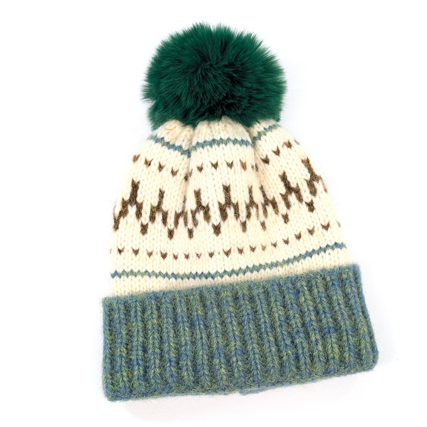 Fair Isle Pattern Pom Pom Hat Green - Precious Sparkle