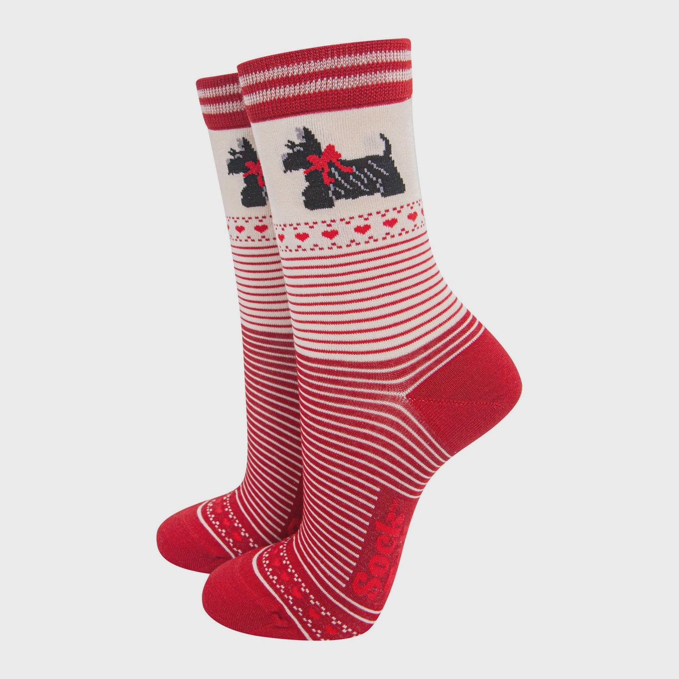 Sock Talk Women's Bamboo Socks Cream/Red, Scottish Terriers Stripes - Precious Sparkle