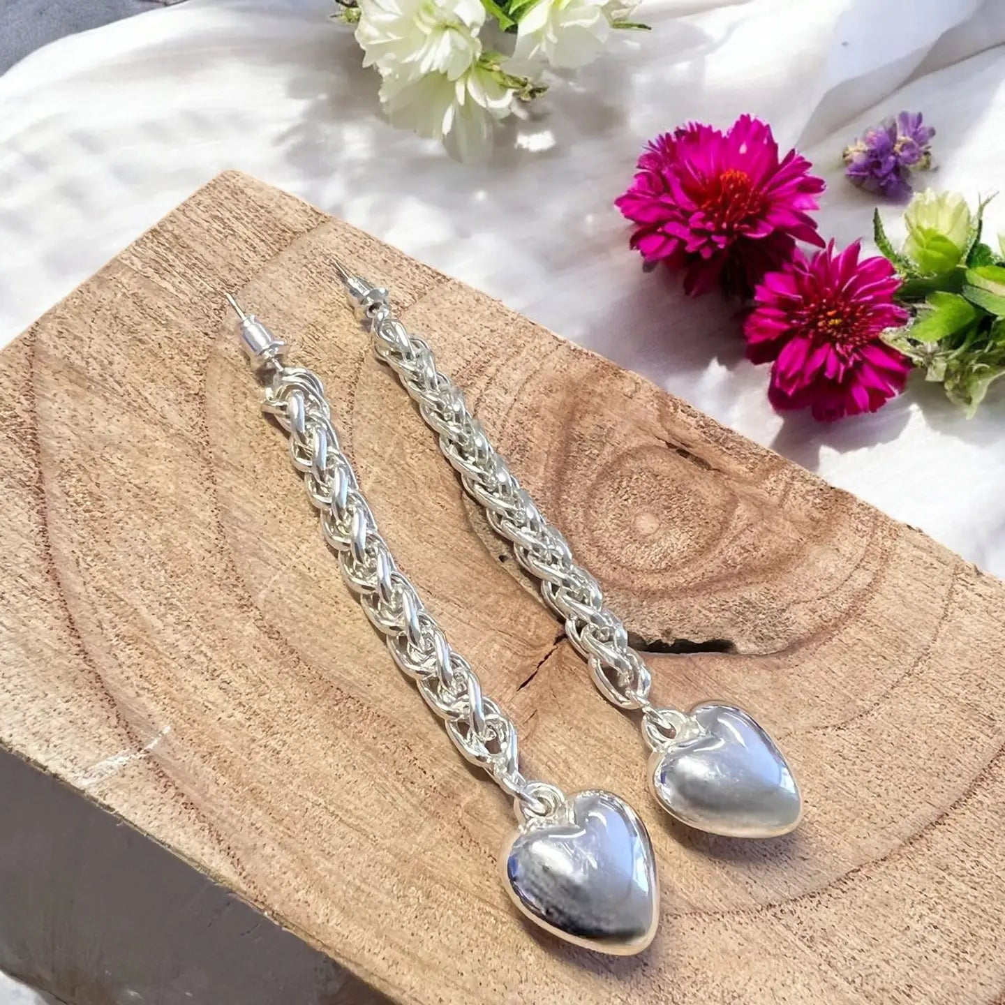 Long Drop Heart Silver Earrings - Precious Sparkle
