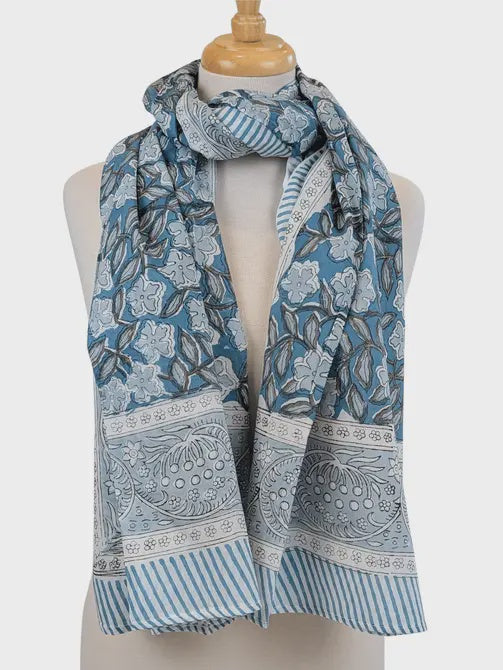 Steel Blue Floral Block Print Pareo Sarong Scarf - Precious Sparkle