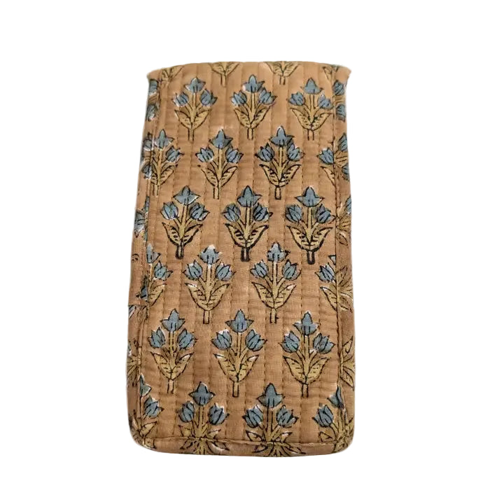 Taupe & Blue Floral Block Print Quilted Glasses Case - Precious Sparkle