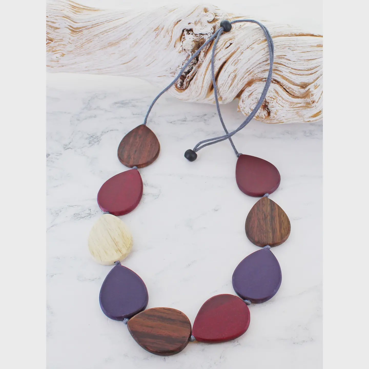 Suzie Blue Wooden Teardrop Necklace Purple