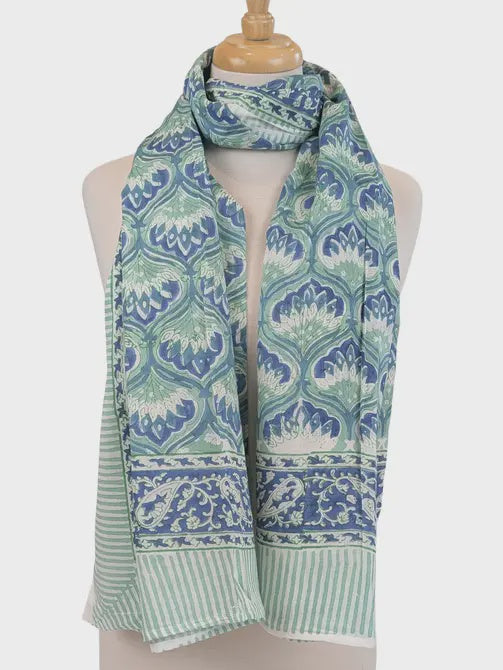 Sea Green & Blue Floral Block Print Pareo Sarong Scarf - Precious Sparkle