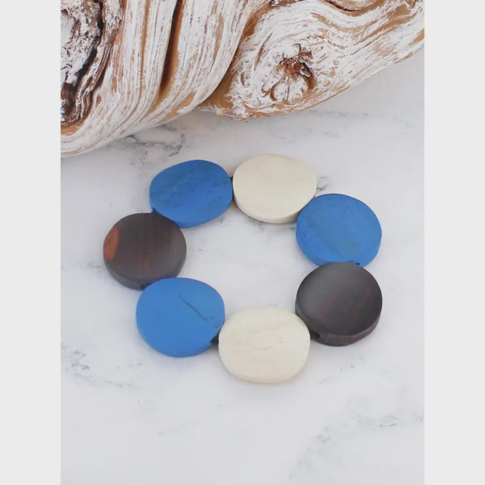 Suzie Blue Elasticated Wooden Disc Bracelet Blue