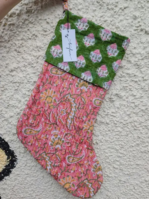 Large Christmas Stocking Block Print Floral Pink & Green - Precious Sparkle