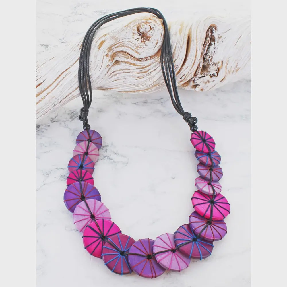 Overlapping Wooden Disc & Thread Necklace