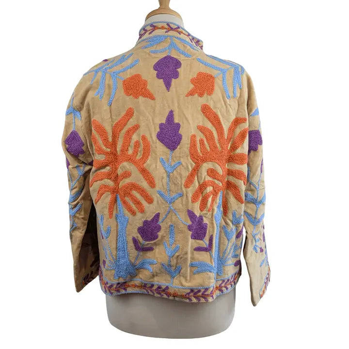 Cream & Lilac Velvet Suzani Kimono Embroidered Boho Jacket