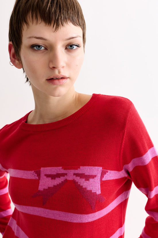 Louche Bly Bow Intarsia Striped Jumper Red - Precious Sparkle