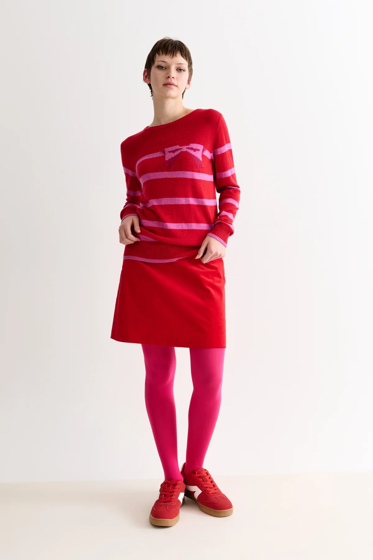 Louche Bly Bow Intarsia Striped Jumper Red - Precious Sparkle
