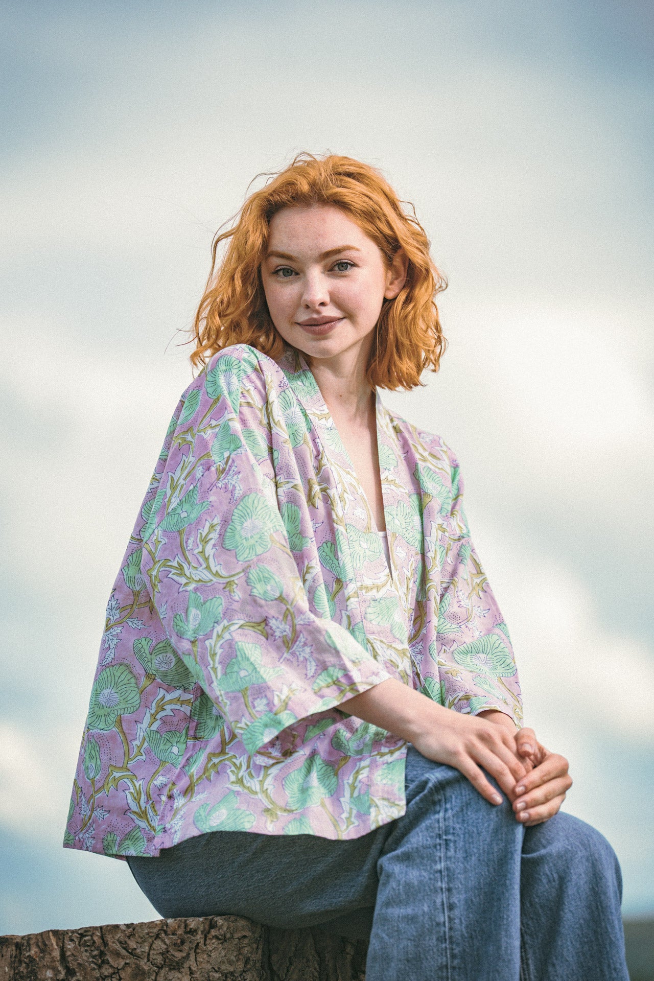 Lilac & Green Floral Cotton Kimono Jacket Indian Block Print - Precious Sparkle