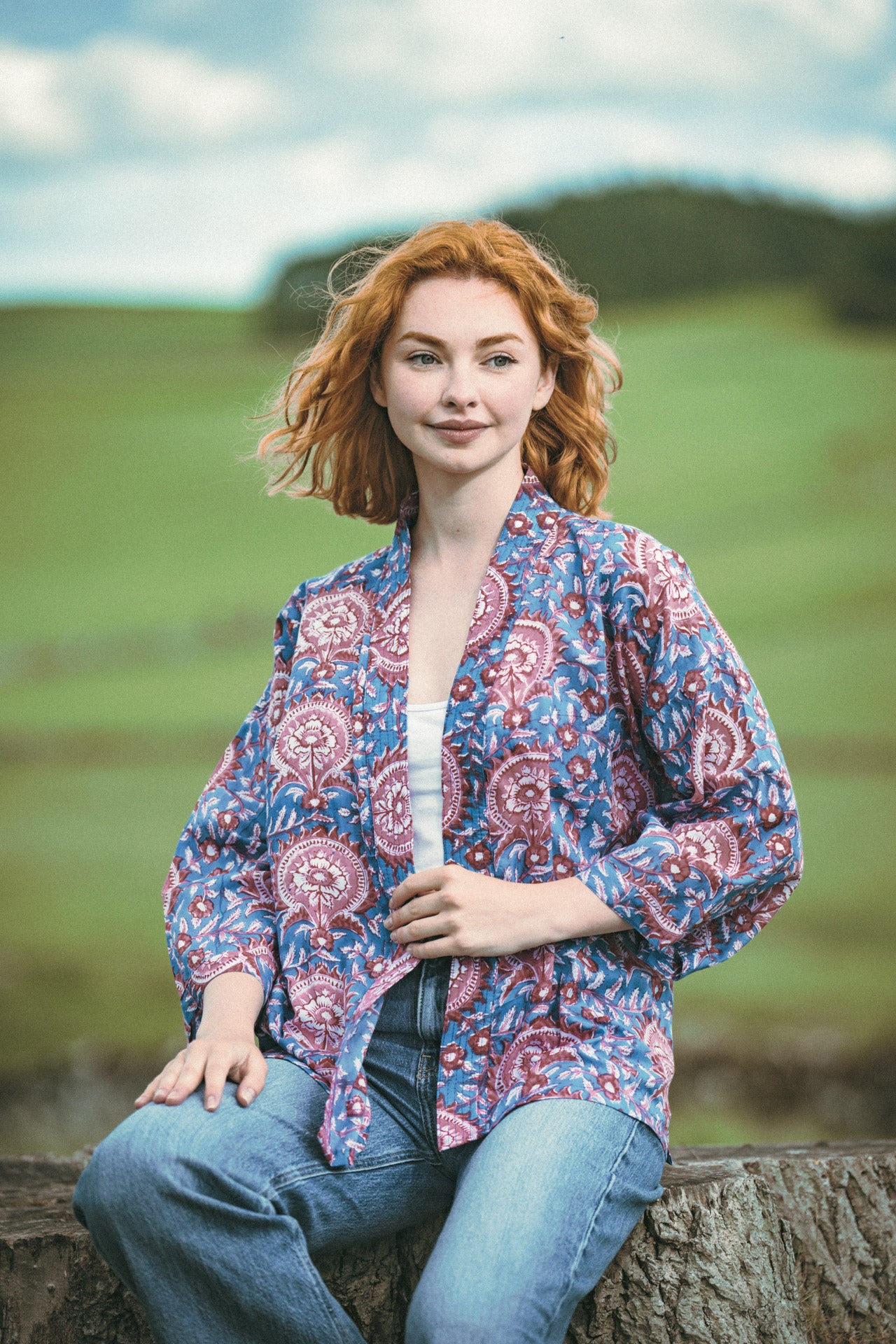 Blue & Red Floral Cotton Kimono Jacket Indian Block Print - Precious Sparkle