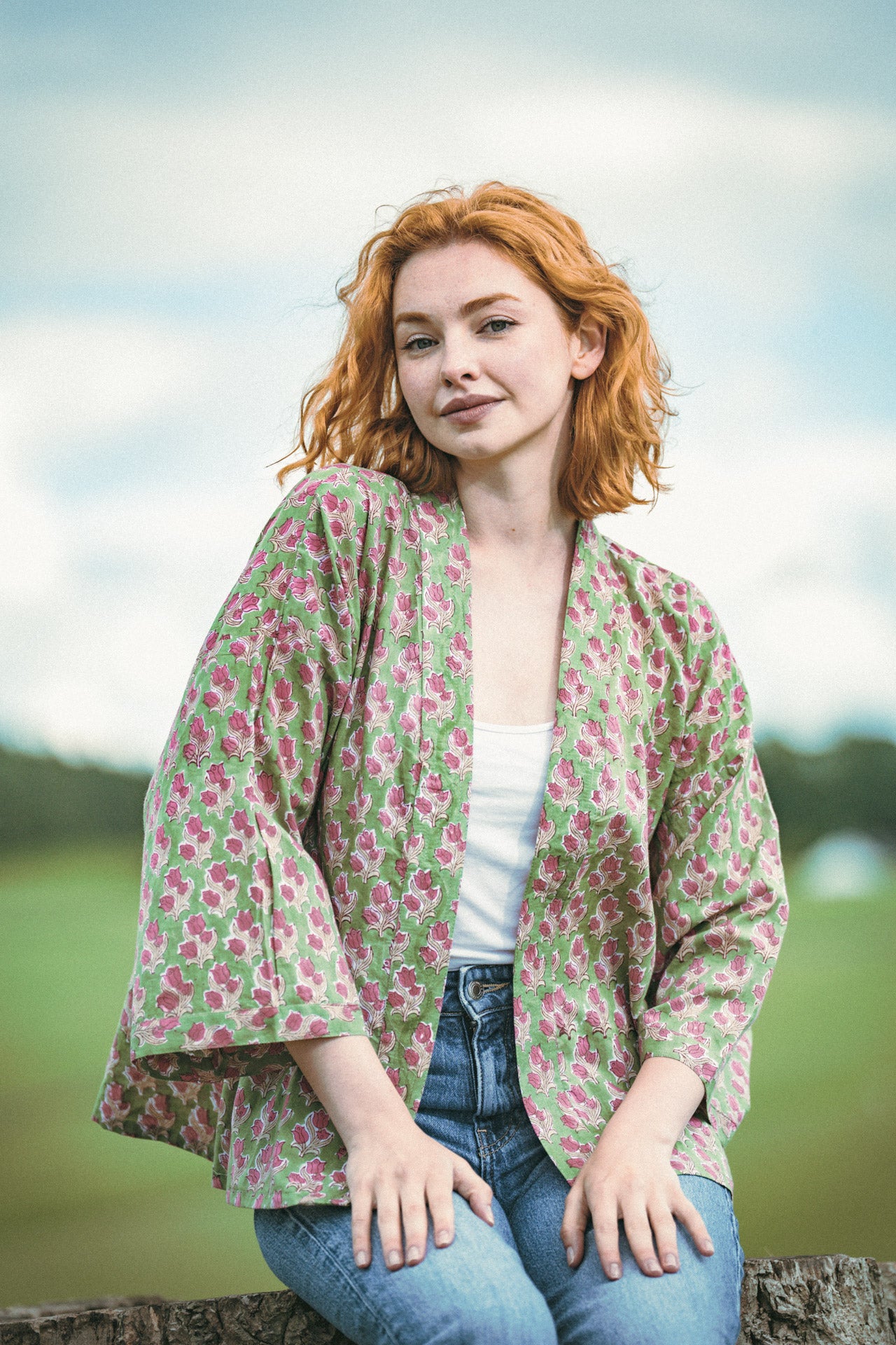 Green & Pink Floral Cotton Kimono Jacket Indian Block Print - Precious Sparkle