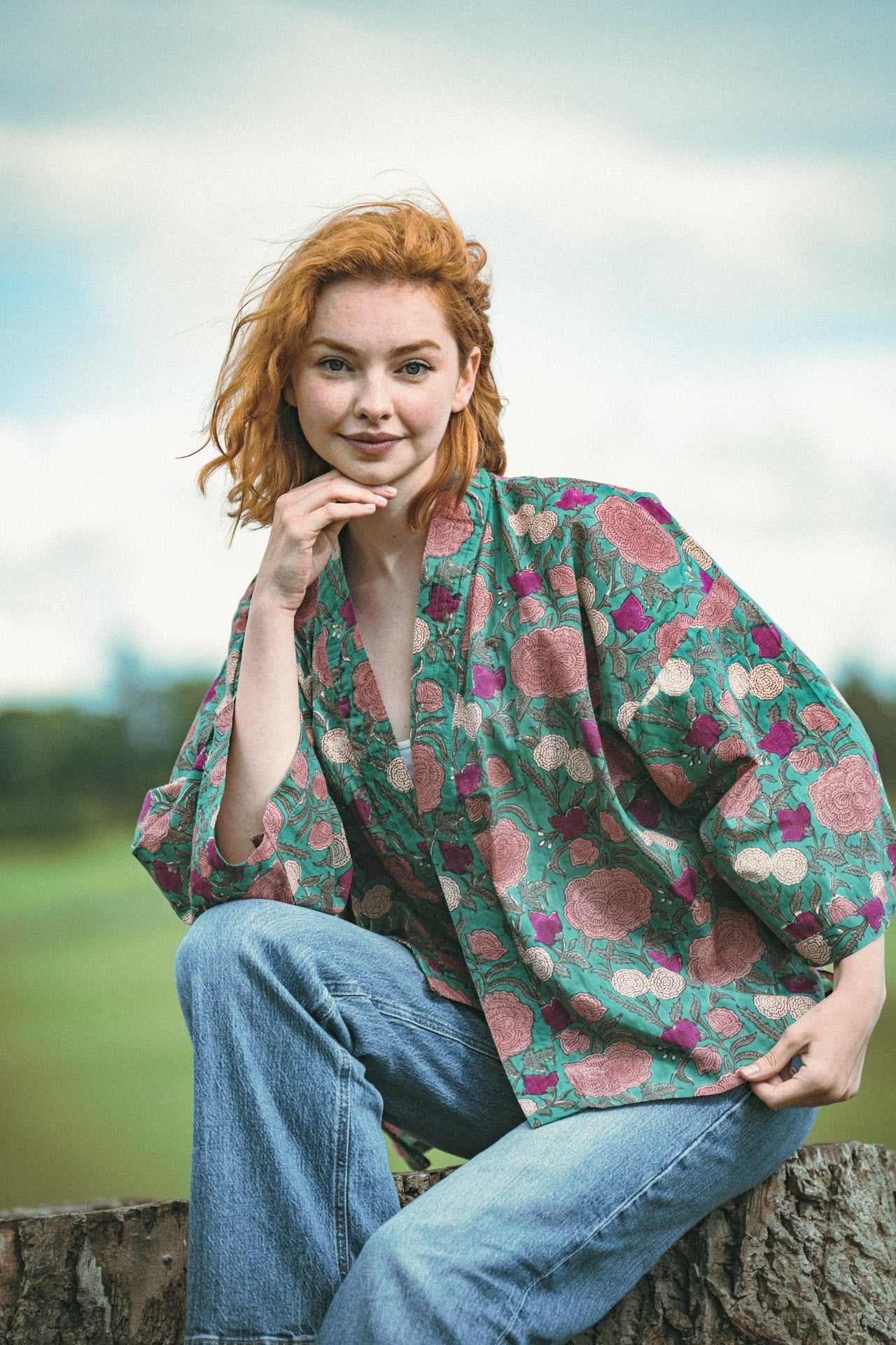Teal & Pink Floral Cotton Kimono Jacket Indian Block Print - Precious Sparkle