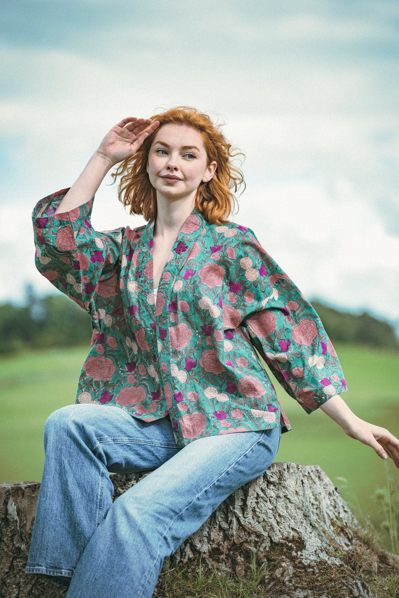 Teal & Pink Floral Cotton Kimono Jacket Indian Block Print - Precious Sparkle