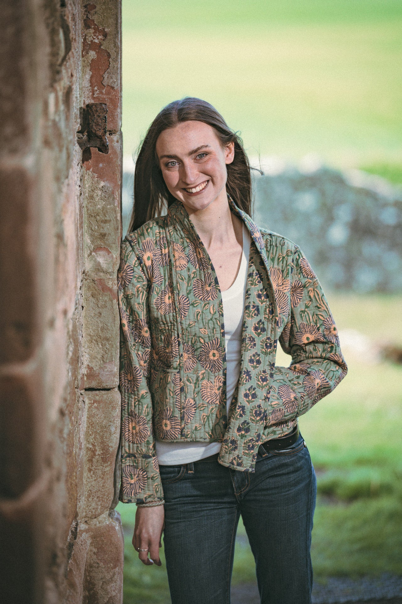 Twinflower Reversible Quilted Kimono Jacket in Aqua Floral Block Print