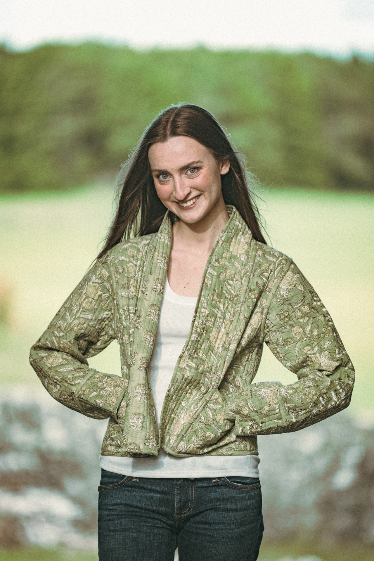 Twinflower Reversible Quilted Kimono Jacket Green Floral Block Print