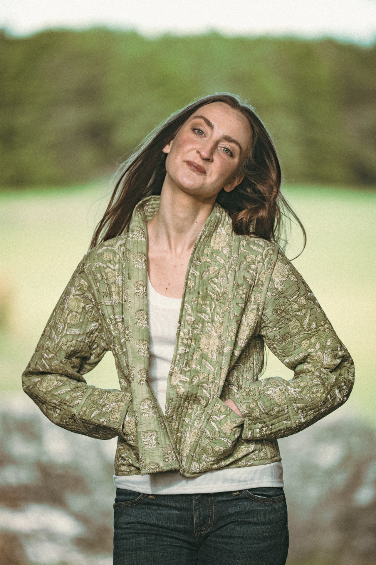 Twinflower Reversible Quilted Kimono Jacket Green Floral Block Print