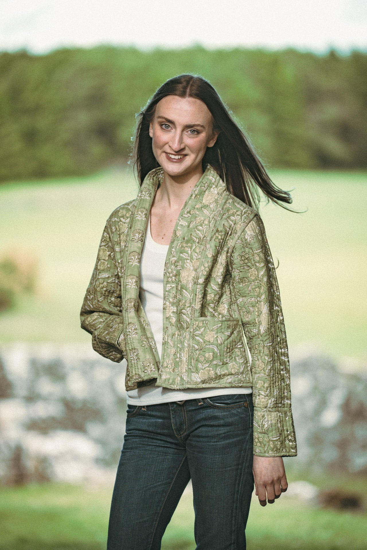 Twinflower Reversible Quilted Kimono Jacket Green Floral Block Print