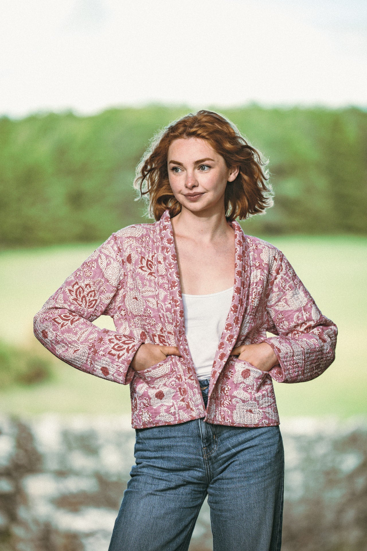 Twinflower Reversible Quilted Kimono Jacket in Pink Floral Block Print