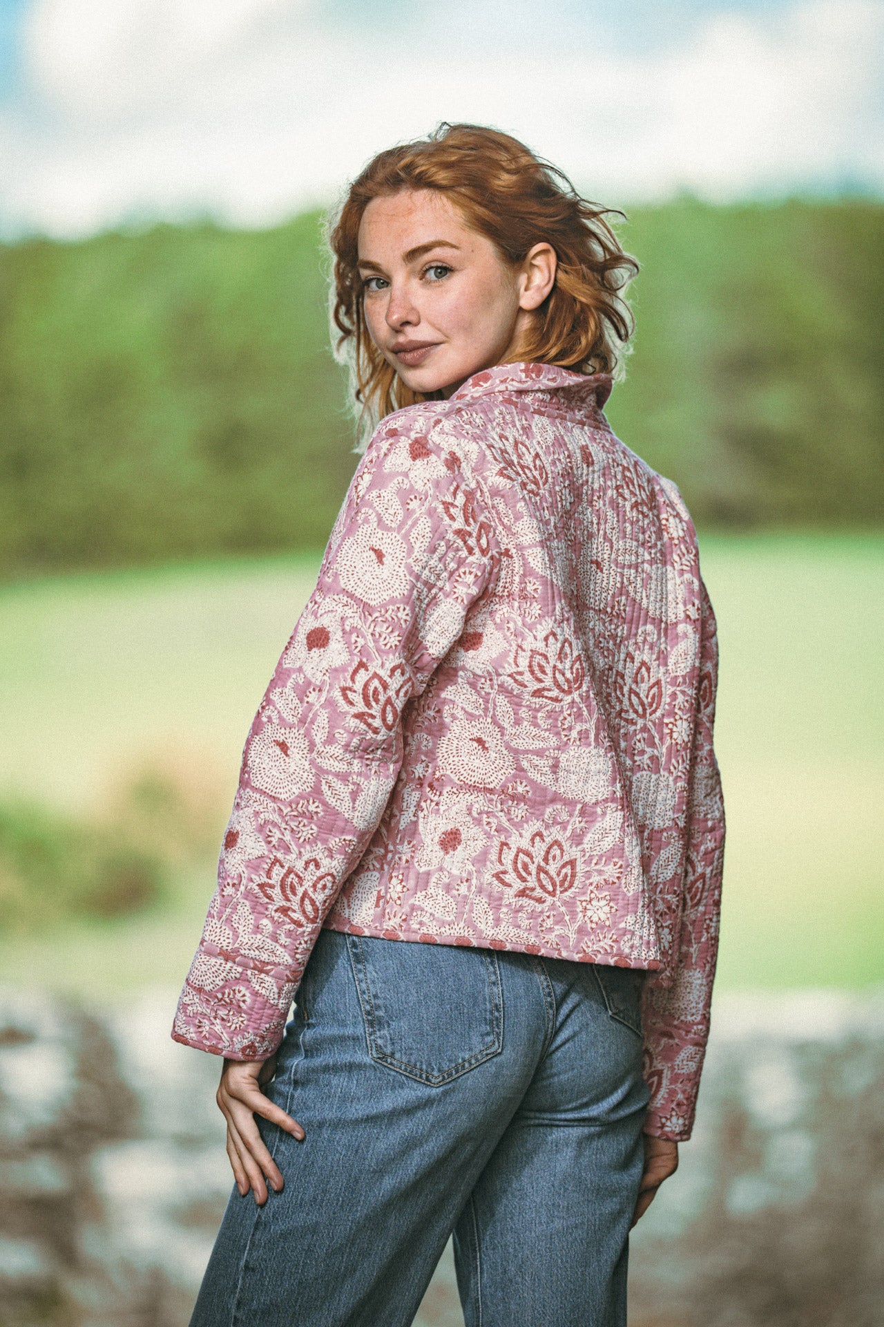 Twinflower Reversible Quilted Kimono Jacket in Pink Floral Block Print