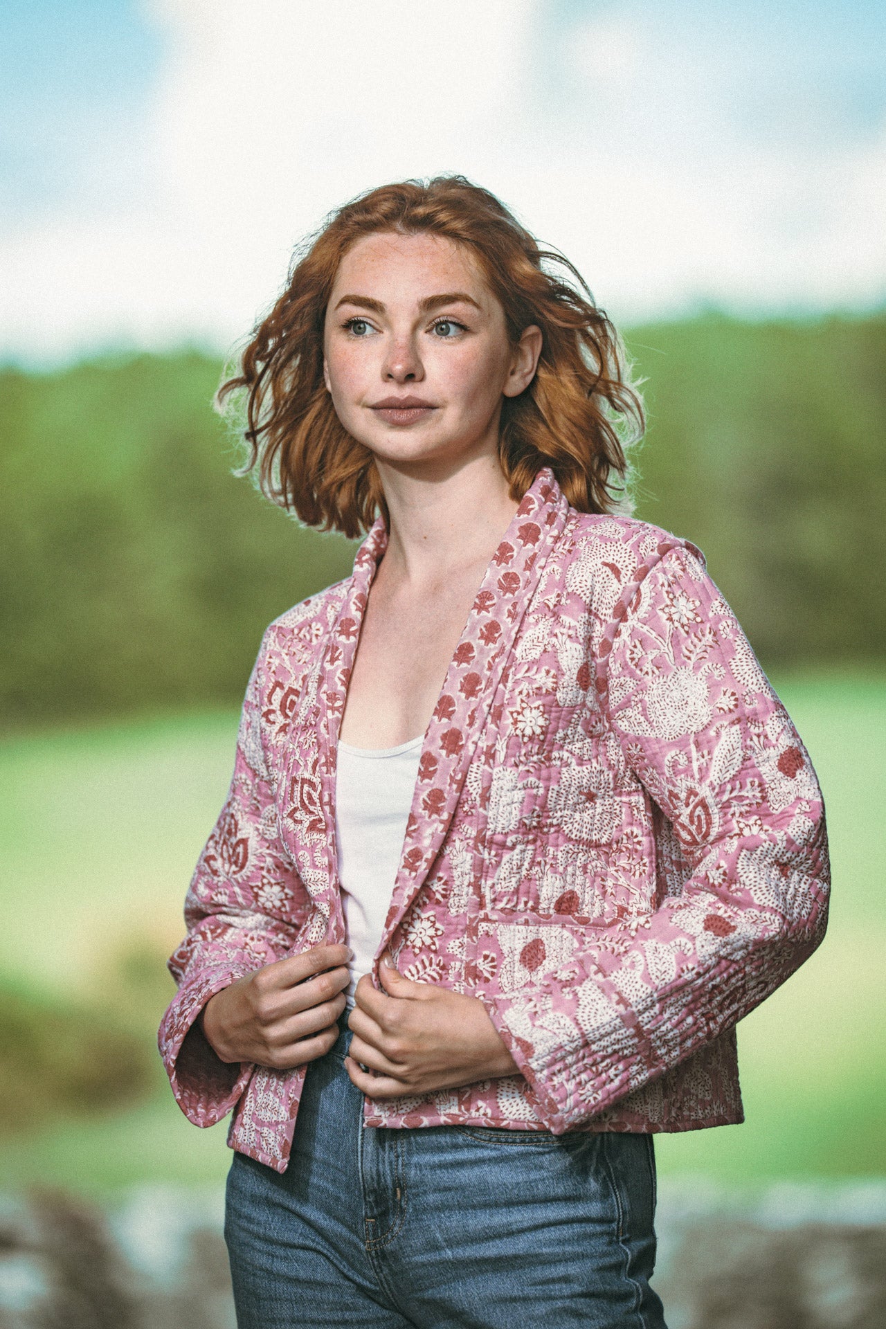 Twinflower Reversible Quilted Kimono Jacket in Pink Floral Block Print