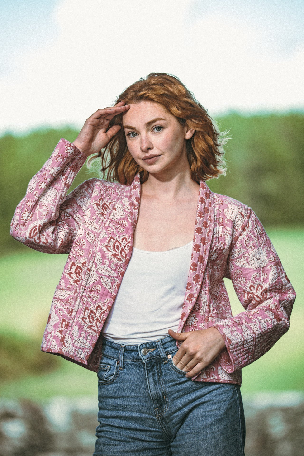 Twinflower Reversible Quilted Kimono Jacket in Pink Floral Block Print