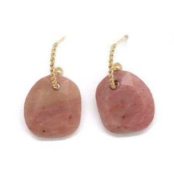 Pair of pink stone earrings with gold chains on a white background