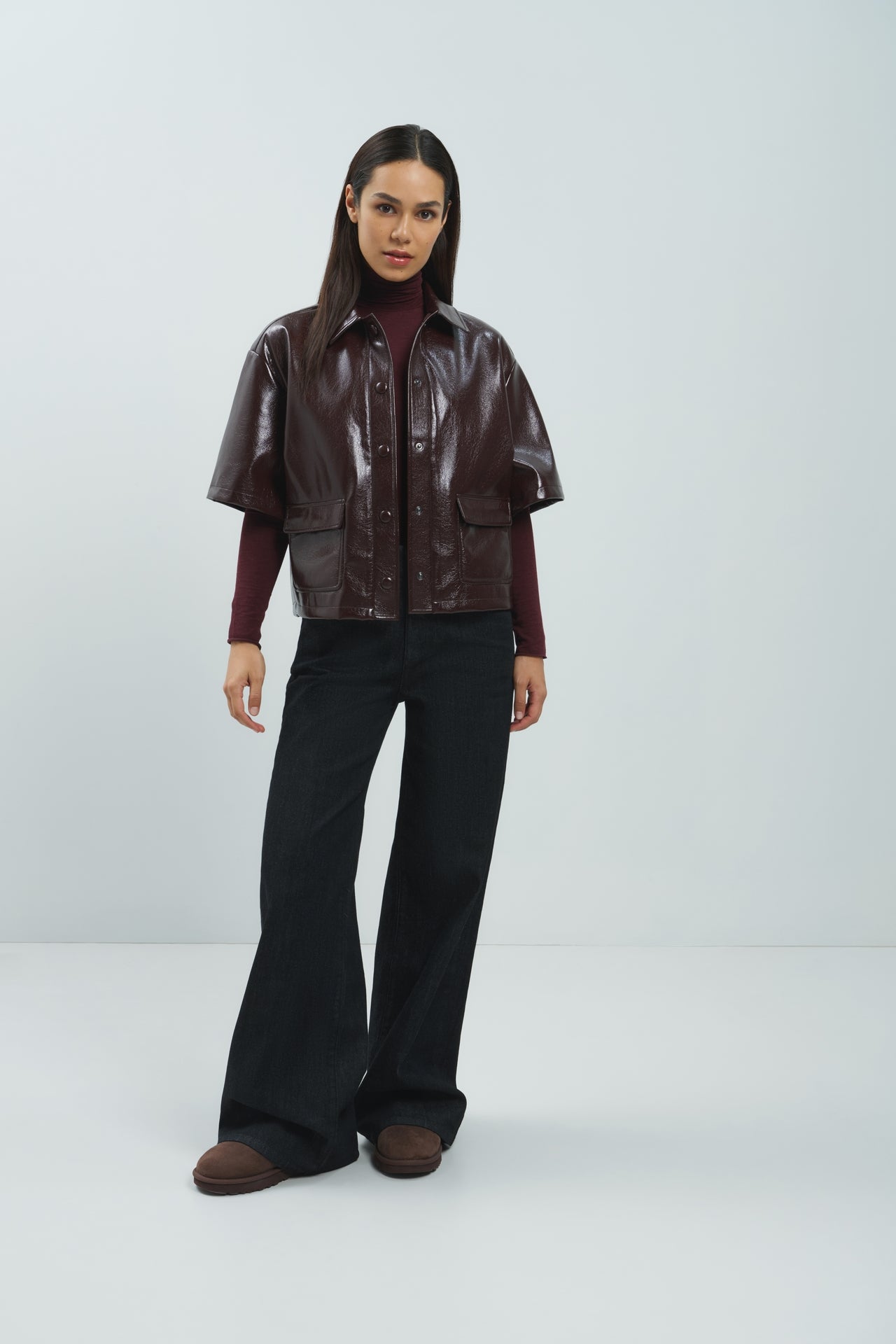 Yaya Cropped Glossy Faux Leather Jacket Bitter Chocolate Red