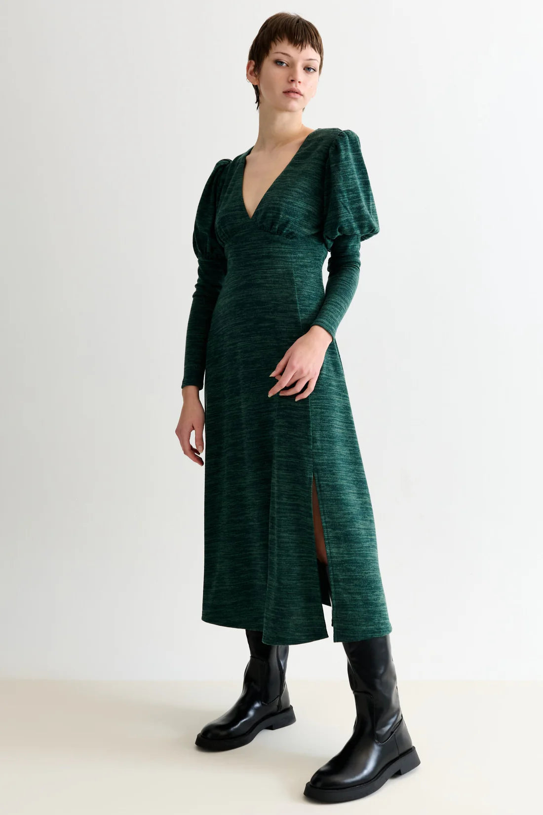 Louche Moa Marl Puff Midi Dress Green - Precious Sparkle