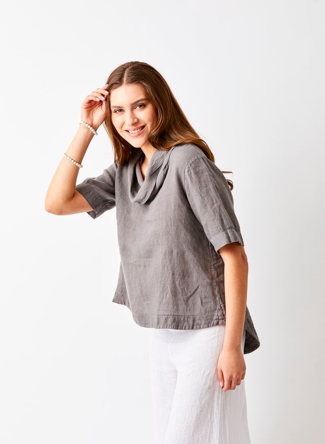 Suzy D London Salamanca Cowl Neck Hi Lo Linen Tee Mud - Precious Sparkle