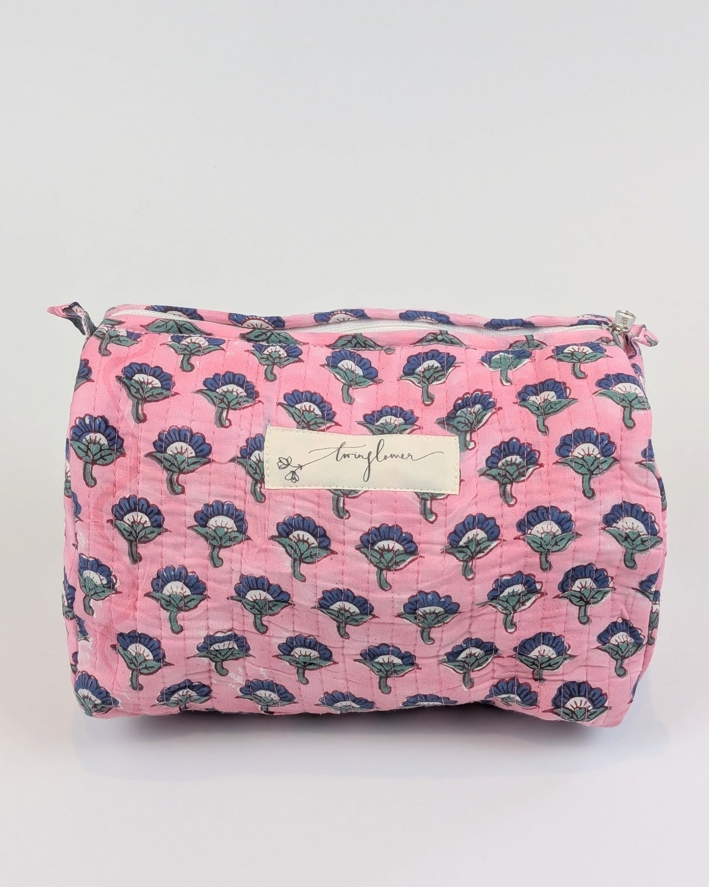 Twinflower Pink Floral Block Print Quilted Large Washbag - Precious Sparkle