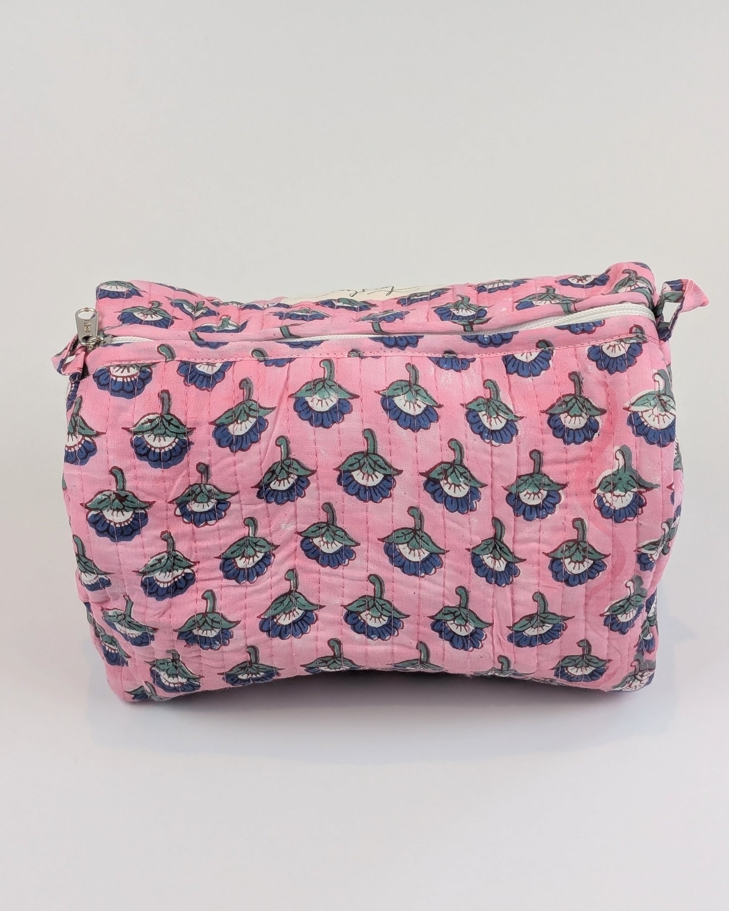Twinflower Pink Floral Block Print Quilted Large Washbag - Precious Sparkle