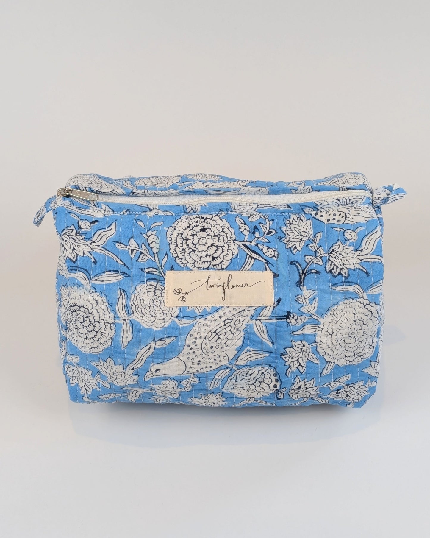 Twinflower Sky Blue Floral Block Print Quilted Large Washbag - Precious Sparkle