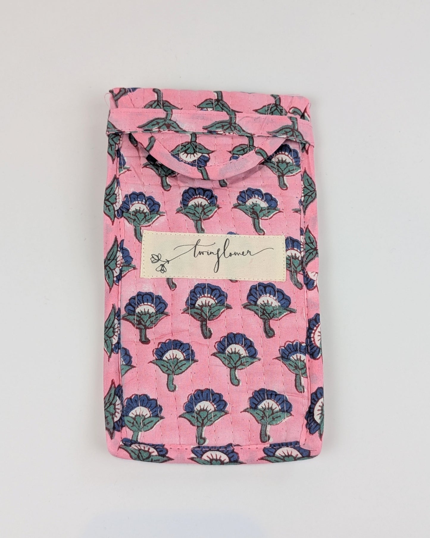 Twinflower Pink Floral Block Print Quilted Glasses Case - Precious Sparkle